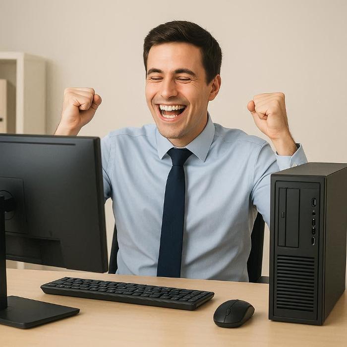 Man celebrating at his desk with computer